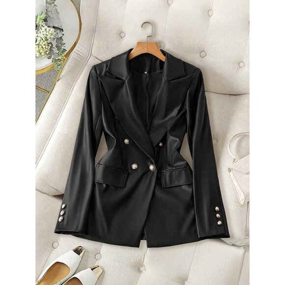 Vegan leather blazer jacket preppy gold button double breasted dark brown - Picture 2 of 3